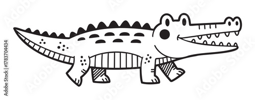 Black and white cartoon-style drawing of a smiling crocodile with distinct features such as spikes and spots on its body.
