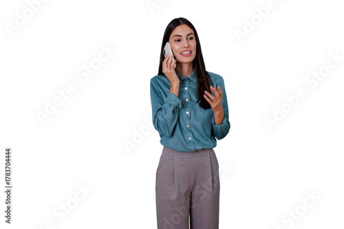 Professional woman standing talking on smartphone, engaging in business conversation, communicating remotely, cut out