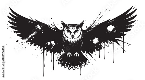 Black ink-splattered owl with outstretched wings, featuring artistic splashes and drips, creating a dynamic and edgy appearance.