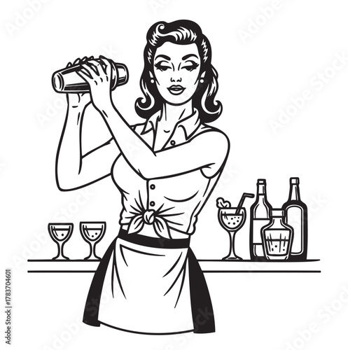 Retro-style black and white illustration of a woman bartending, shaking a cocktail shaker, with bottles and glasses in the background.