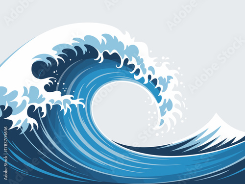 A beautiful representation of ocean waves, showcasing the power and serenity of water with dynamic movement and a vibrant blue color palette against a light background.