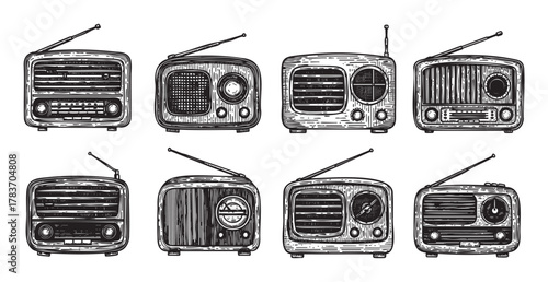 Eight vintage portable radios with unique designs, featuring detailed dials and antennas, reflecting nostalgic mid-20th century audio technology.
