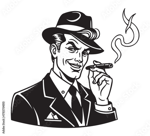 Black and white illustration of a suave man in a suit and fedora, confidently smoking a cigar with a sly grin.