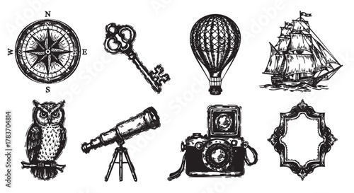 Vintage-style sketches of a compass, antique key, hot air balloon, sailing ship, owl, telescope, camera, and ornate frame in black ink.
