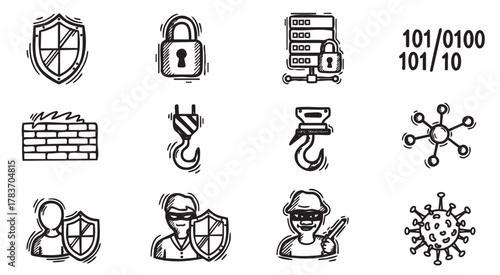 Hand-drawn security-related icons depicting a shield, padlock, firewall, fishing hook, and virus, emphasizing protection and cybersecurity in a stylized manner.