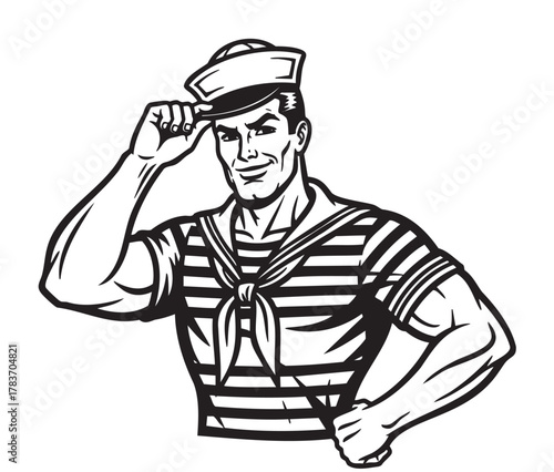 Black and white illustration of a strong male sailor in a striped shirt, tipping his hat with a confident expression.