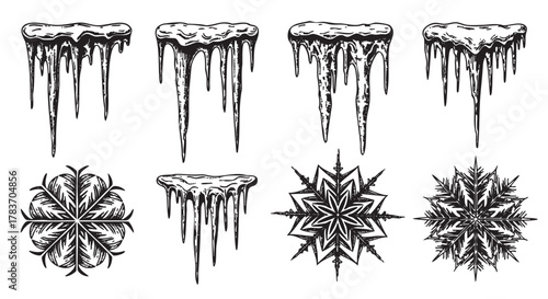 Set of black and white icicles and snowflakes with intricate, sharp designs, depicting winter and icy themes in a detailed illustration.