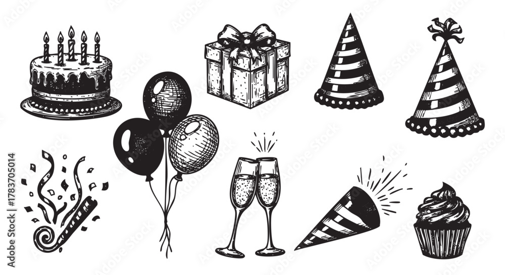 Obraz premium Black and white illustration of birthday party elements including a cake, gift box, balloons, party hats, champagne glasses, confetti popper, and cupcake.