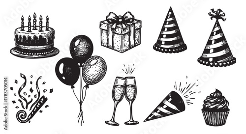 Black and white illustration of birthday party elements including a cake, gift box, balloons, party hats, champagne glasses, confetti popper, and cupcake.