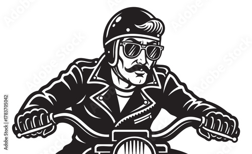 Black and white illustration of a male biker with a mustache, wearing a helmet and sunglasses, gripping handlebars while dressed in a leather jacket.