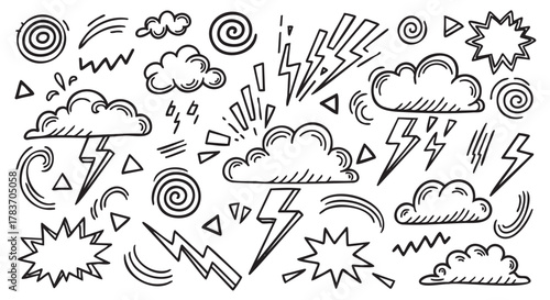 Hand-drawn doodles of various weather elements including clouds, lightning bolts, spirals, and stars, illustrating dynamic and whimsical meteorological concepts.