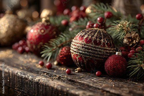 Christmas and New Year background with a festive scene with gold and red Christmas ornaments and fir tree branches on a wooden background, symbolizing holiday spirit and elegance.