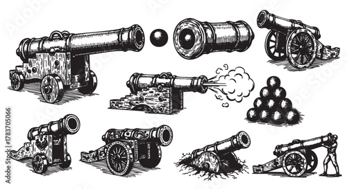 Black and white sketch of various historical cannons and cannonballs, featuring intricate designs and different firing positions.