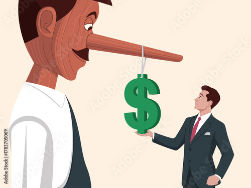An illustrative depiction of a businessman with an exaggerated Pinocchio-like nose, representing deceit in financial dealings and the consequences of dishonesty.