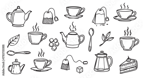 Hand-drawn black outline vector icons of various tea-related items including teapots, cups, tea bags, and a slice of cake.