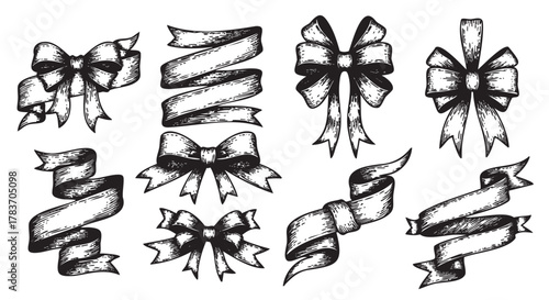Black and white vintage-style collection of various ribbon and bow designs, featuring intricate details and elegant curves, displayed in a variety of shapes and forms.