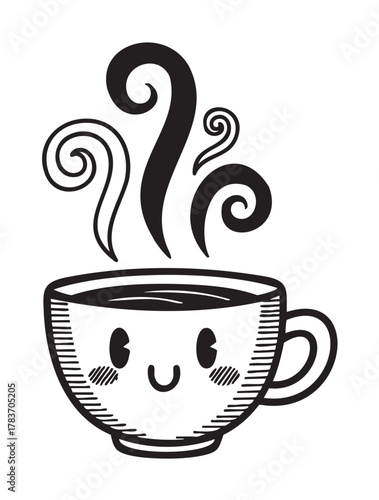 Whimsical black and white illustration of a smiling coffee cup with steam, featuring playful swirls and cartoonish facial details.