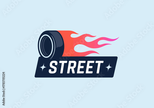 This energetic logo showcases a rolling tire with vibrant flames, conveying speed and excitement, making it ideal for automotive brands or racing events.