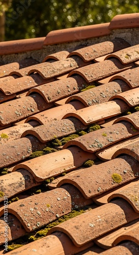 Close-up of Weathered Terracotta Roof Tiles with Moss.