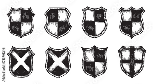 Eight black and white heraldic shields with varied designs, including checkered and cross patterns, displayed in two rows.