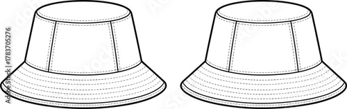 Bucket hat illustration, fashion accessory sketch, technical garment flat, headwear design drawing, brim detail, stitching lines, apparel construction artwork