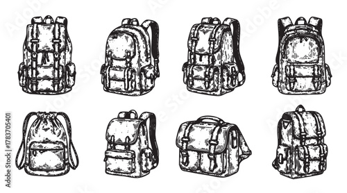 Set of eight hand-drawn backpack illustrations featuring various designs, including drawstring, flap, and pocket styles.