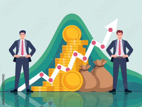 This dynamic image showcases two businessmen standing confidently by stacks of coins and bags while a graph indicates financial growth and success, portraying ambition.