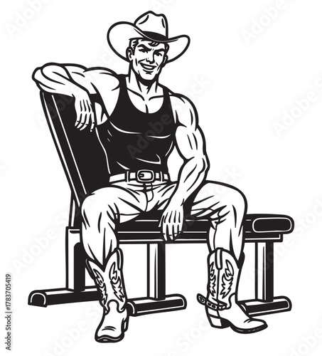 Muscular caucasian male adult wearing a cowboy hat and boots, seated on a bench with a confident expression.