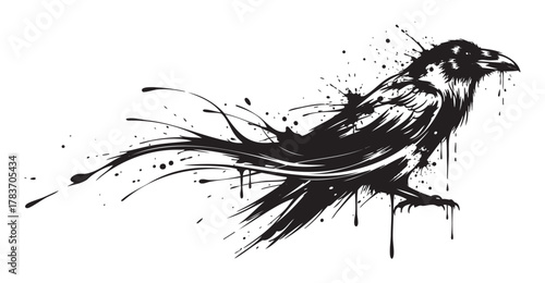 Black outline of a crow in a splash ink style, featuring dynamic strokes and artistic splatters simulating flight.