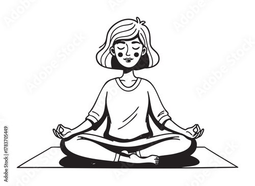 Black and white line drawing of a young caucasian female sitting cross-legged in a meditative yoga pose on a mat.