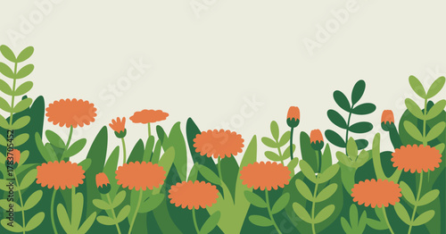 A lush floral landscape featuring bright, blooming flowers in a variety of shapes and colors, set against a soft background, creating a cheerful atmosphere ideal for nature lovers.