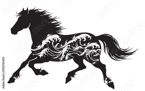 Silhouette of a galloping horse with intricate wave patterns embedded within its body, depicting a dynamic fusion of nature and movement.