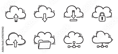 Hand-drawn black and white icons of cloud computing featuring upload and download arrows, a folder, padlock, and network connection symbols.