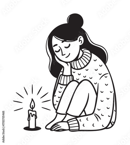 Black and white illustration of a relaxed young female sitting beside a lit candle, wearing a sweater and leggings, with closed eyes and a peaceful expression.