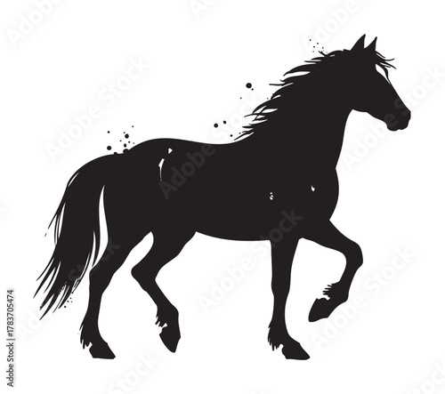 Silhouette of a galloping horse with splatter effects, showcasing the dynamic movement and flowing mane.