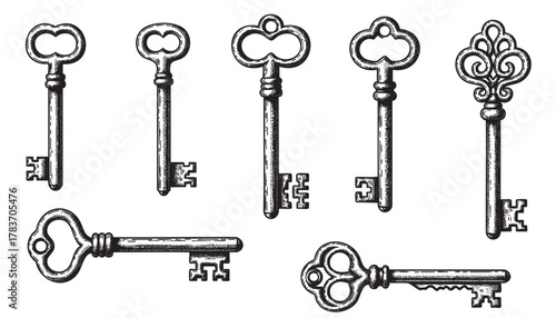 A set of six vintage-style skeleton keys with intricate designs and decorative bows displayed in a detailed black and white illustration.