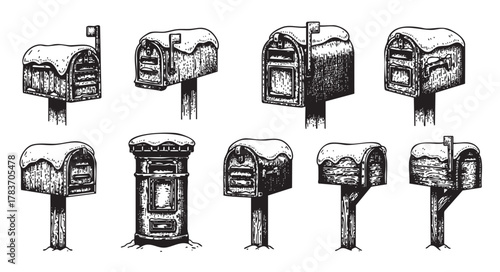 Eight detailed hand-drawn mailboxes with snow, showcasing various designs including traditional and classic styles.