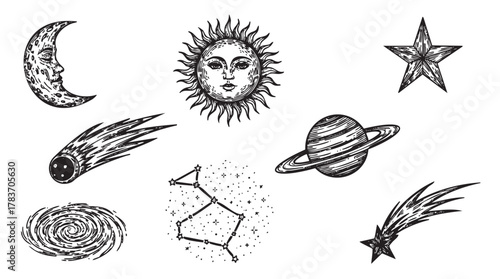 Hand-drawn celestial illustrations featuring a detailed sun, moon, stars, and planetary elements, capturing the essence of astronomy and astrology.