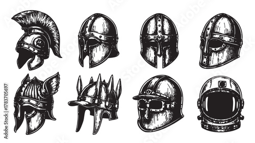 Detailed black and white illustrations of eight distinctive historical and contemporary helmets, including a roman, viking, and an astronaut helmet.