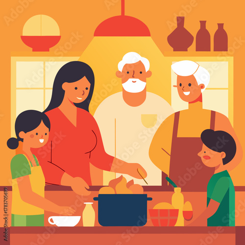 A happy multi generational family cooking together in a warm kitchen scene isolated on white background isolated on transparent background silhouette