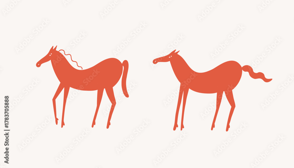 Obraz premium Red horse. Running wild stallions, stars. Funny character. Symbol of New Year, horoscope. Hand drawn vector illustration on isolated background. Design for card, logo, sign, social media, flyer
