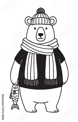 Black and white drawing of a cheerful bear wearing a winter hat and scarf, holding a fish in its paw.