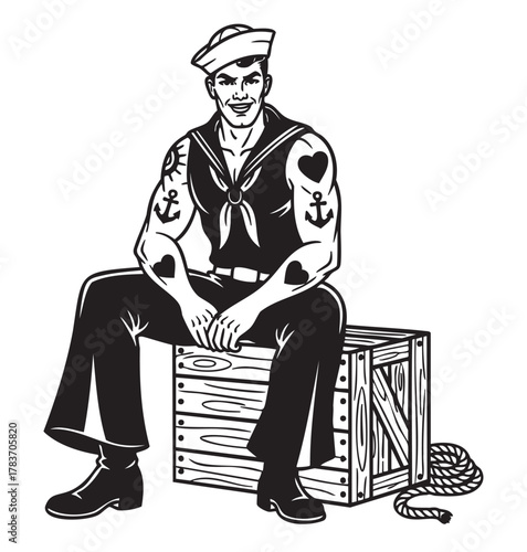 Black and white illustration of a muscular male sailor with tattoos sitting on a wooden crate, wearing a sailor hat, and a traditional uniform.