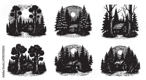 Six intricate black and white illustrations of cabins surrounded by trees, depicting serene forest scenes in different natural settings.