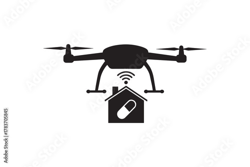 Drone delivering medicine to home concept art Medical delivery drone flying to house silhouette design