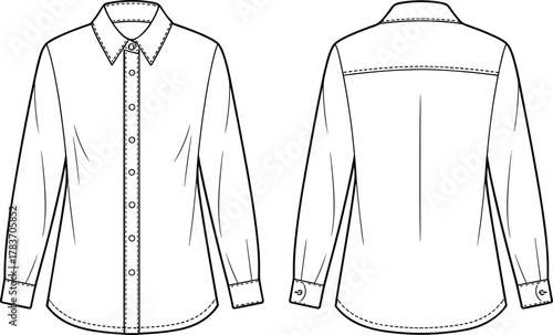 Button up shirt illustration, fashion garment sketch, technical flat drawing, apparel construction detail, long sleeve design, collar outline, clothing artwork