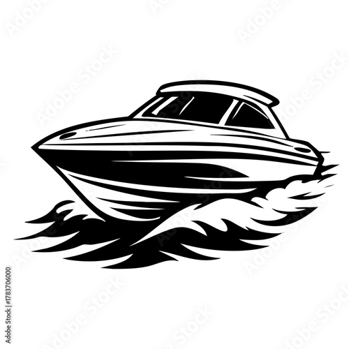 speed boat cutting through waves, front-three-quarter angle, aerodynamic design