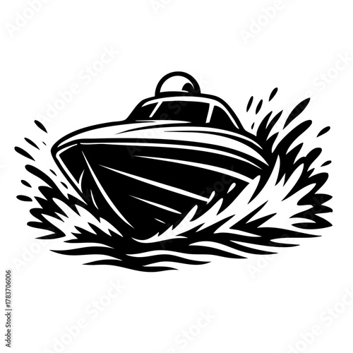 racing speed boat from a low front perspective, bold outlines and wave spray effect