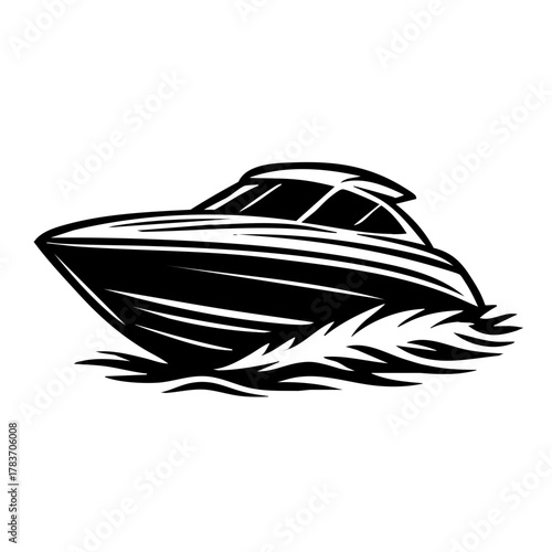 speed boat cutting through waves, front-three-quarter angle