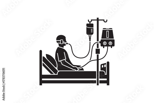Patient on hospital bed with oxygen therapy silhouette Medical treatment and life support concept design